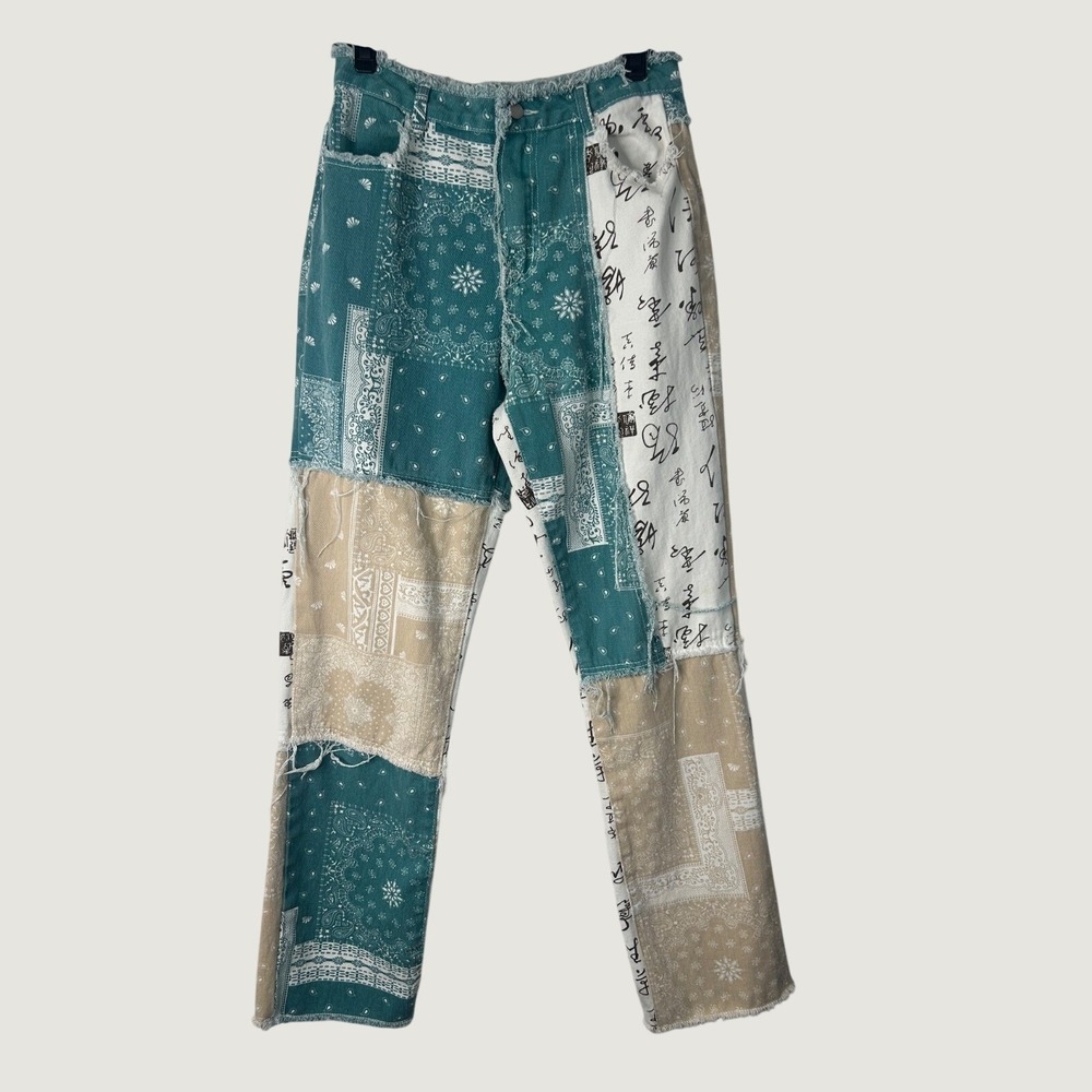 Shein Jeans SZ M Paisley & Character Print Bandana Patchwork Distressed Frayed